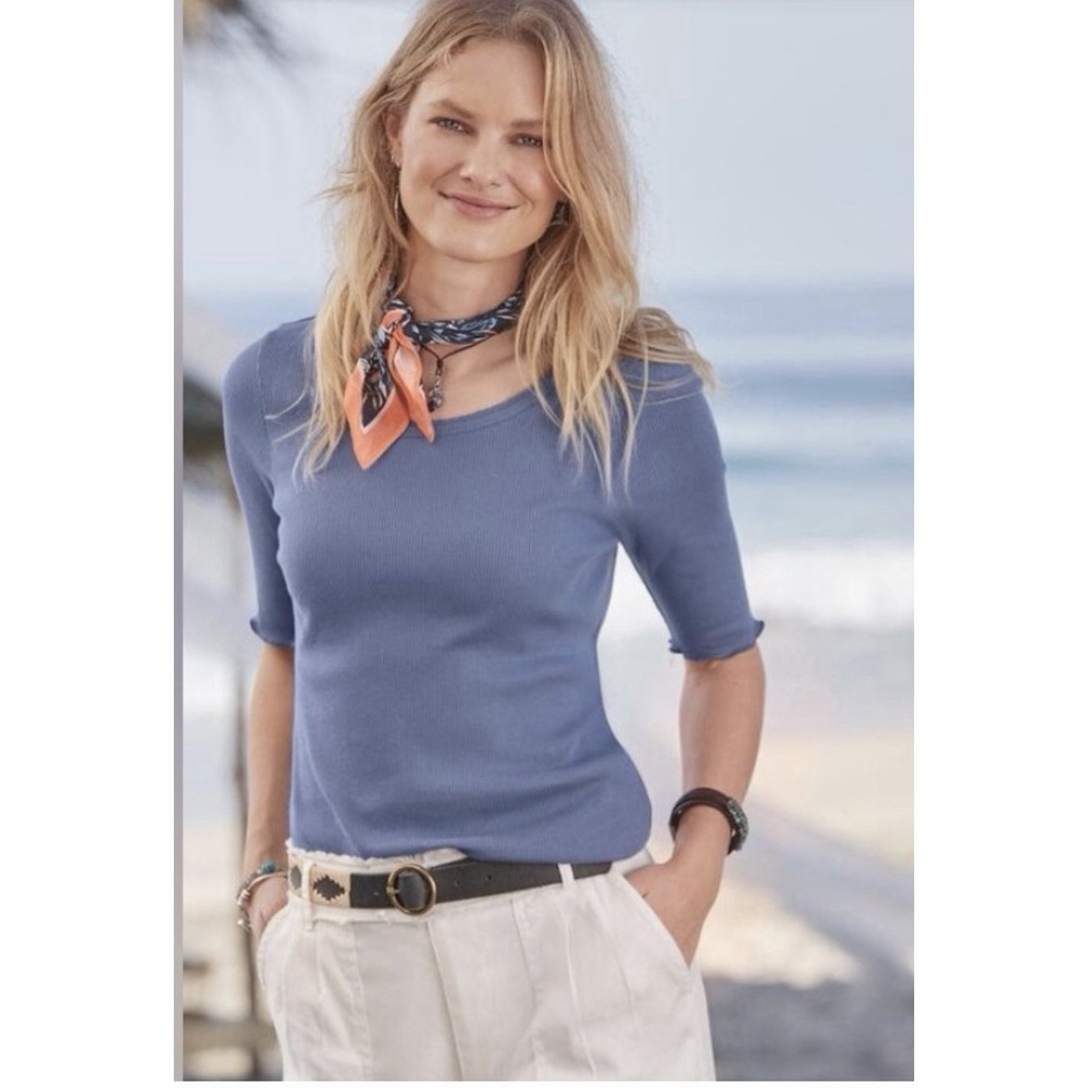 Sundance‎ NAVY Ribbed S Scoop Neck Regan Shirt Top Coastal Preppy 3/4 Sleeves